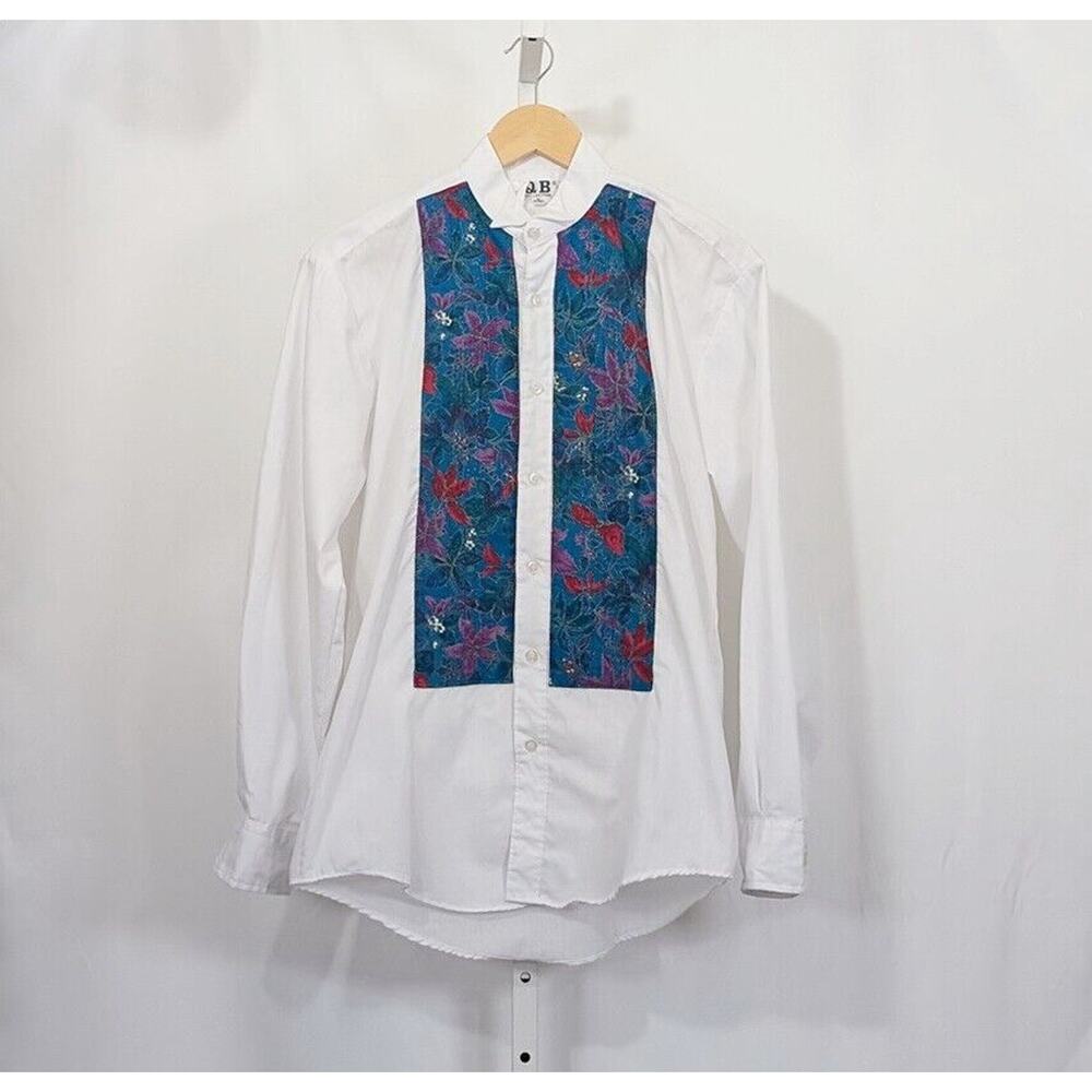 Vintage 90s Tuxedo Formal Shirt White Floral Print Men's Size S 14 14-1/2